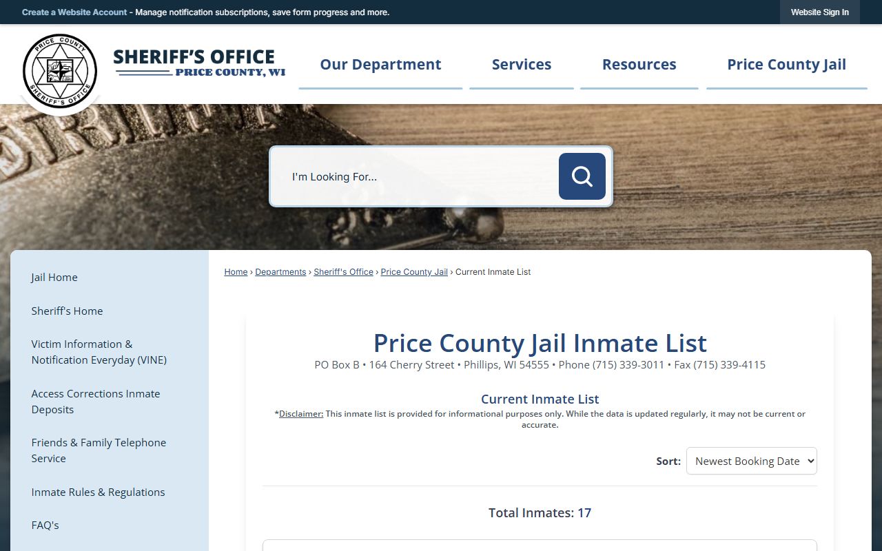 Price County Booking Reports and Price County Current Inmate List