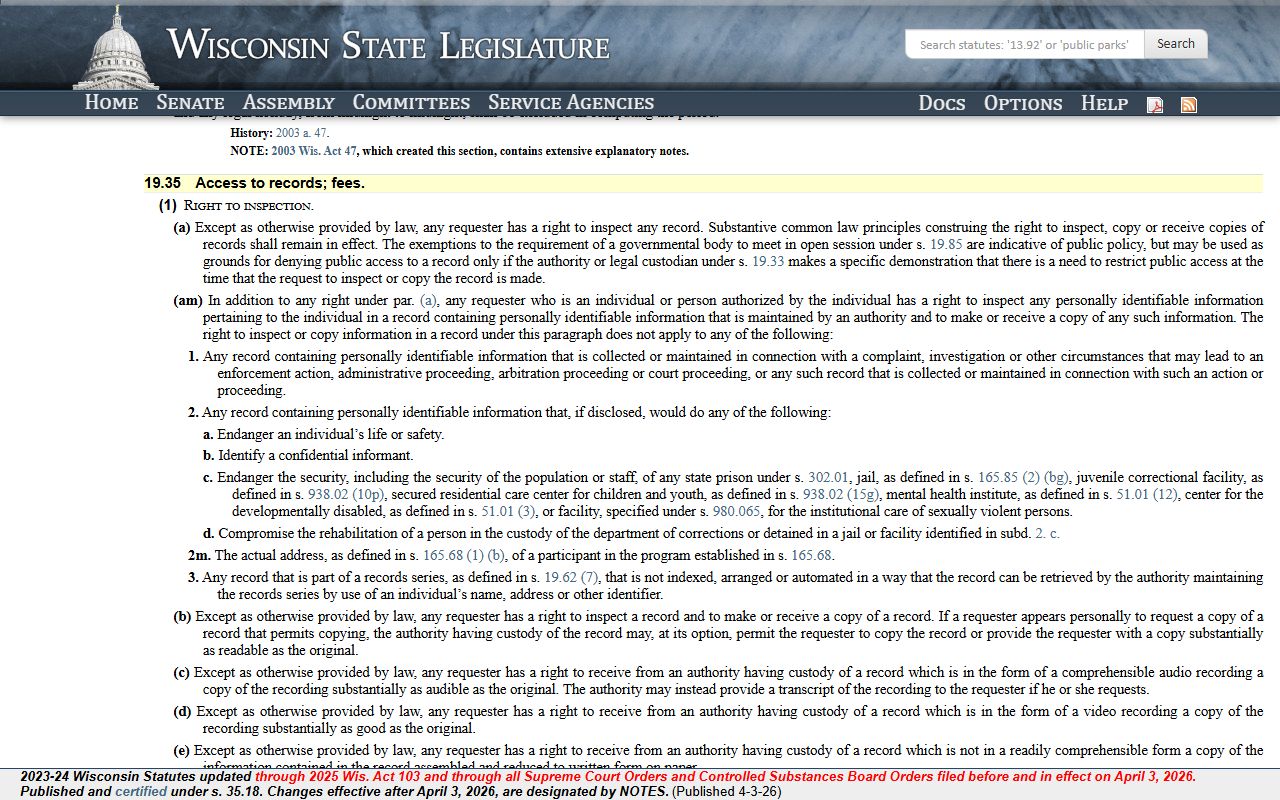 Wisconsin Booking Reports and Wisconsin Statute 19.35