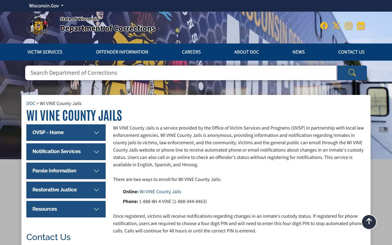 Wisconsin Booking Reports and Wisconsin VINE county jails
